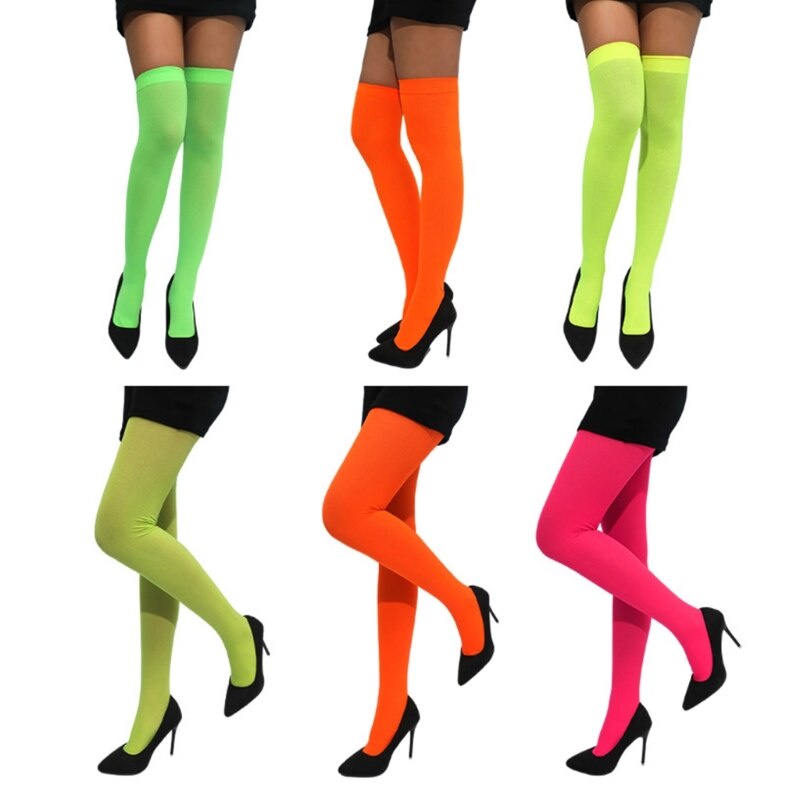 ybBw Neon Color Women Pantyhose Sexy Evening Party High Knee Socks ...