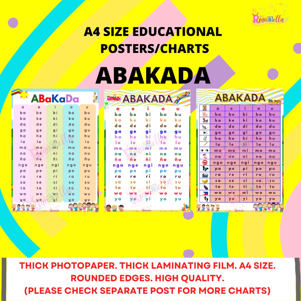 ABAKADA FULLY LAMINATED EDUCATIONAL POSTERS/CHART A4 SIZE WALL CHART ...