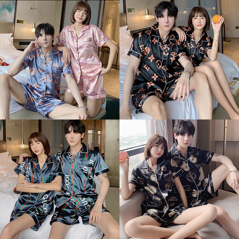 Fashion Unisex Pyjamas Couple Pajama Soft Sweetheart Silk Satin Set ...