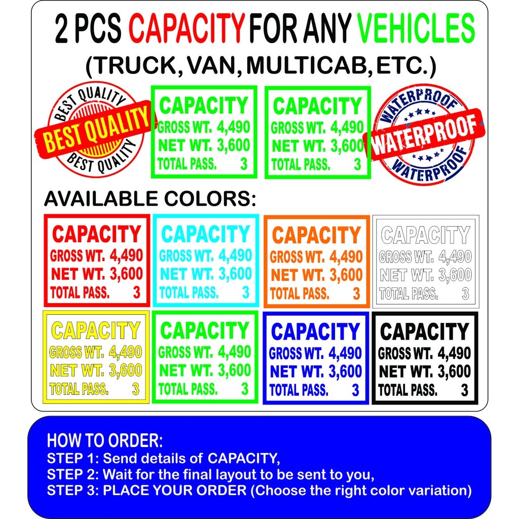 2pcs WATERPROOF CAPACITY Decal/Sticker for ANY VEHICLE (TRUCKS, VAN