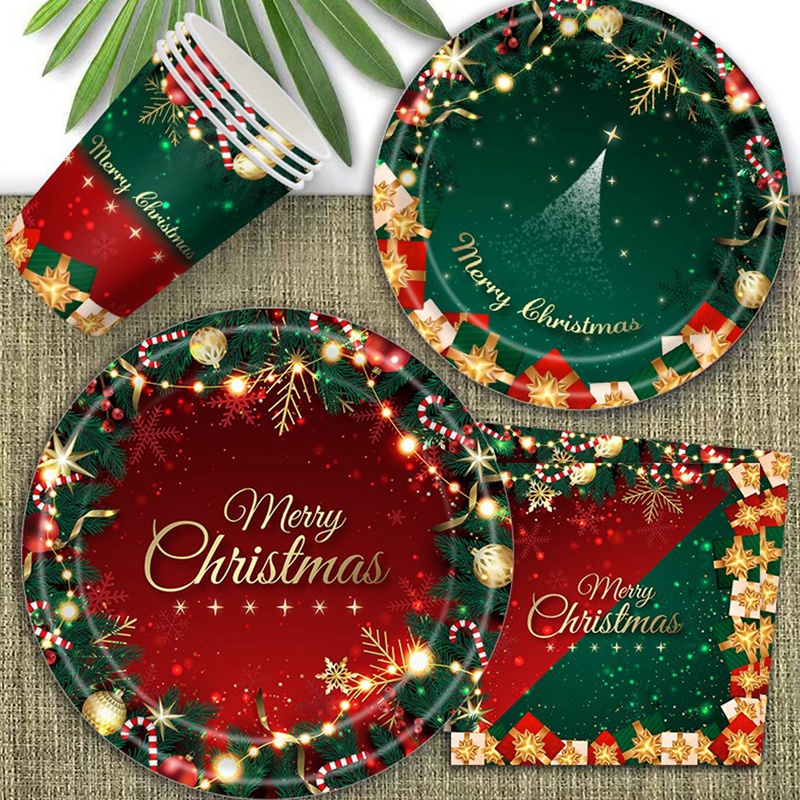 Merry Christmas Paper Plates Cups Napkins PVC Table Cloth Disposable