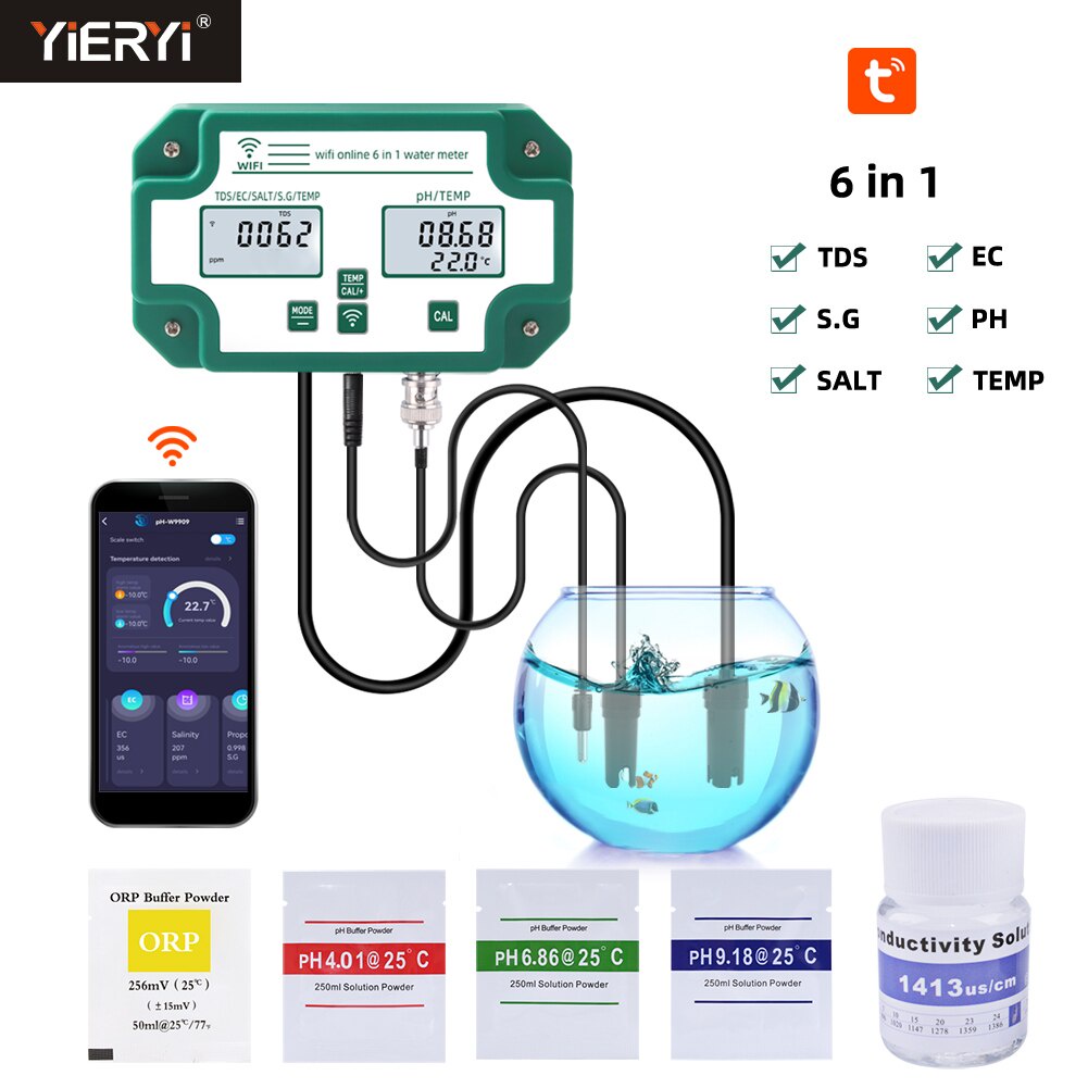 6in1 Data Logger PH EC TDS SALT SG.Temp Meter Digital Water Quality Tester WiFi Smart Monitor