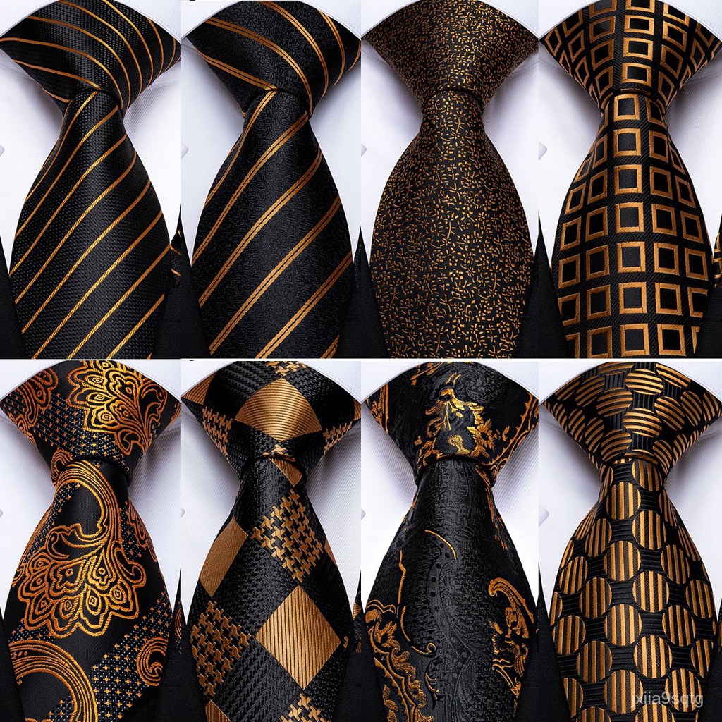 Gift Men Tie Luxury Gold Black Striped Paisley Silk Wedding Tie For Men
