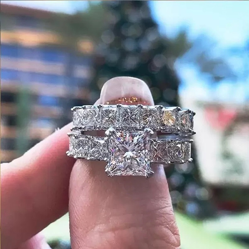 LALA.2-Piece Set Double-Layer Ring Combination Silver Jewelry Square ...