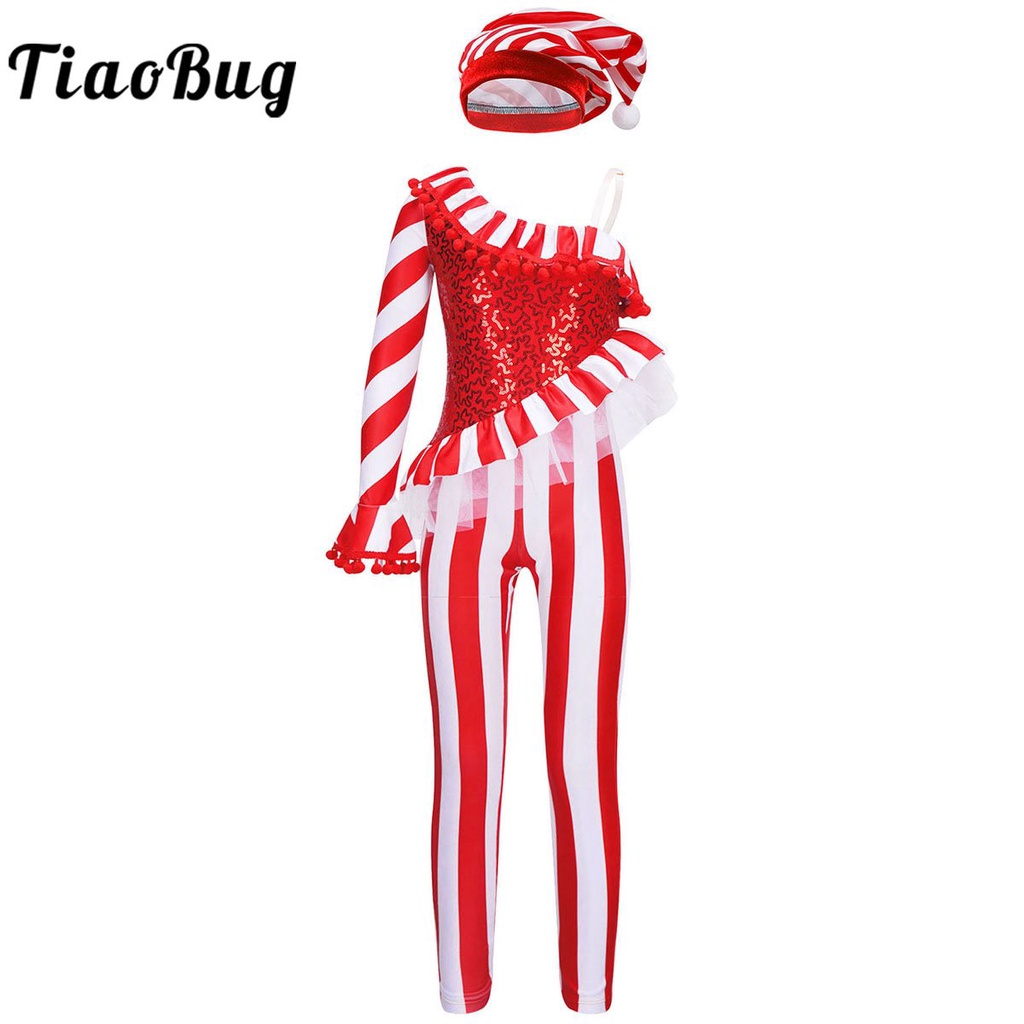 Kids Girls Candy Cane Elf Christmas Costume Sequins One Shoulder Dance