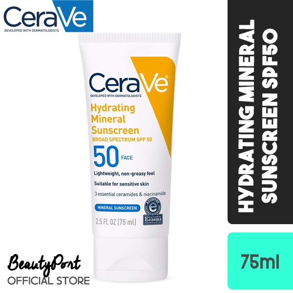 CeraVe Hydrating Face Sunscreen SPF 50, Lightweight Mineral Sunscreen