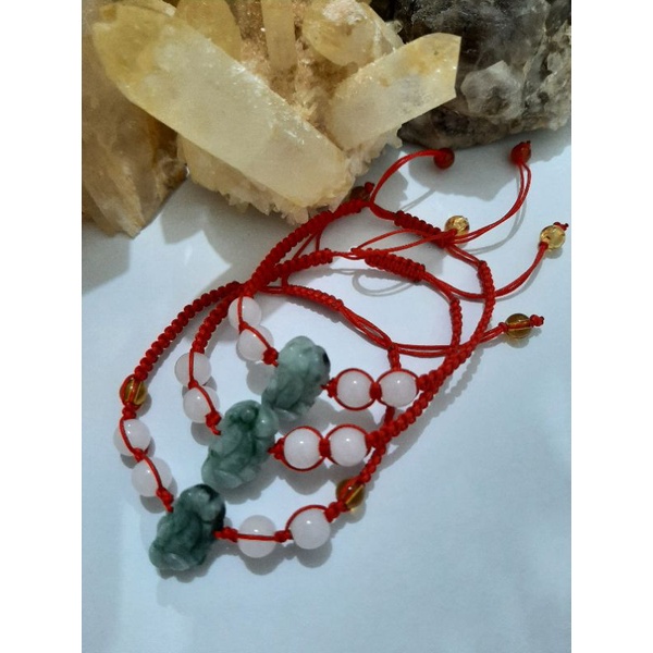 KLF888* Lucky Red String Piyao/Pixiu Natural Burmese Jadeite Jade with Hetian White Jade