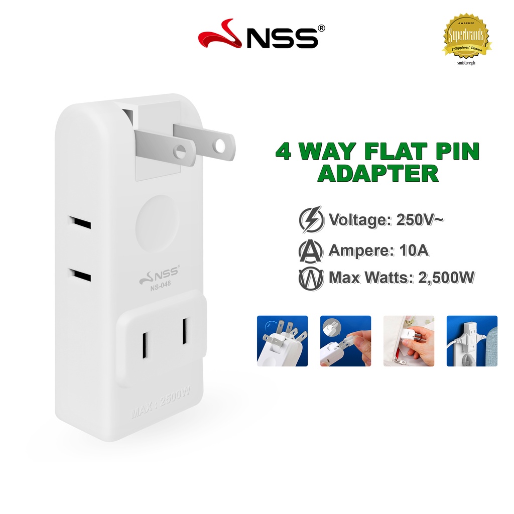 NSS 4 Way Flat Pin Adapter Plug Electrical Adapters Power Outlets