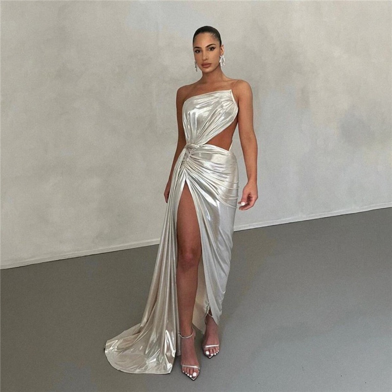 Weitese Dress Fashion Spliced Contrast Ribbon Satin Dress For Women Sexy Backless Sleeveless Side High Split Maxi Robe Lady Chic Party Prom Dress