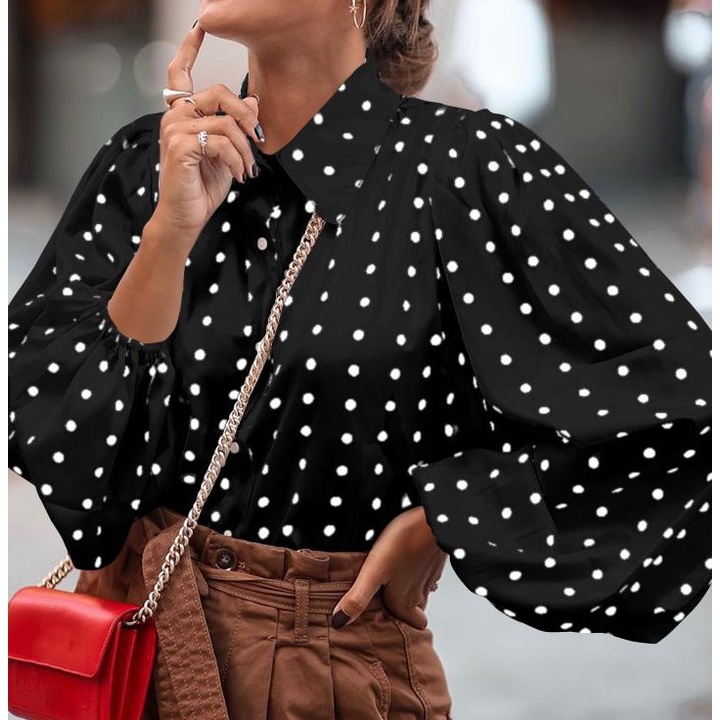 Fashionable Love Polka Dot Lapel Lace Cuffs Casual Shirt main image 1