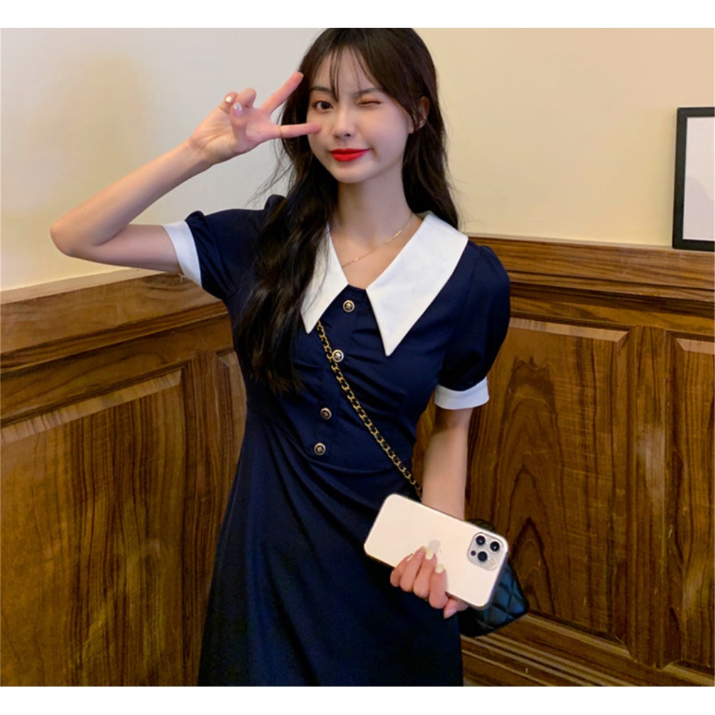 summer blue sexy puff sleeve long Fitted dress for teens simple