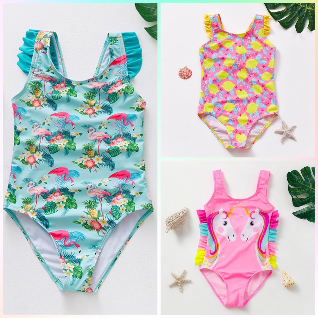 ♈Moms_Kiss Rainbow Unicorn Swimsuit Tropical Swimwear Ruffle Onepiece