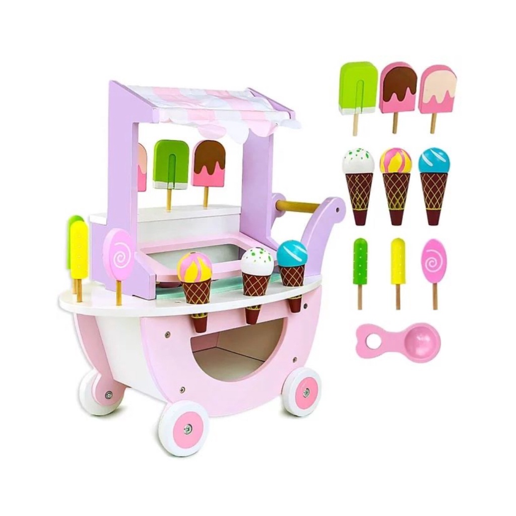 ED shop Pretend play Wooden Mini Ice cream truck Cart Toys Food kids