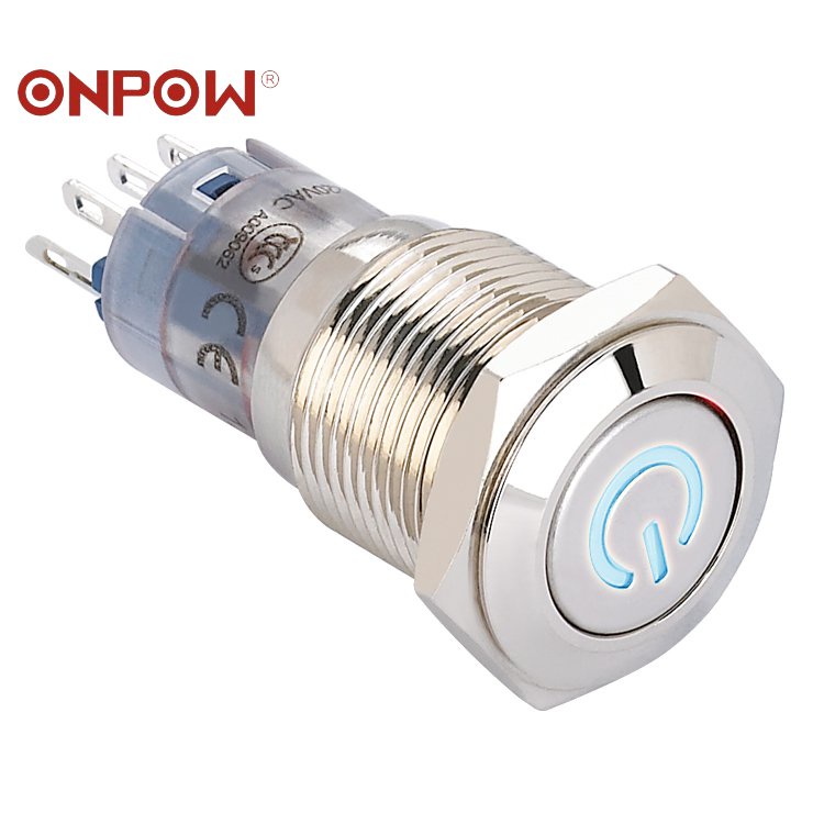 Onpow 16mm Power Symbol Illuminated Stainless Steel Push Button Switch Las2 Gqf 11dt B 12v S