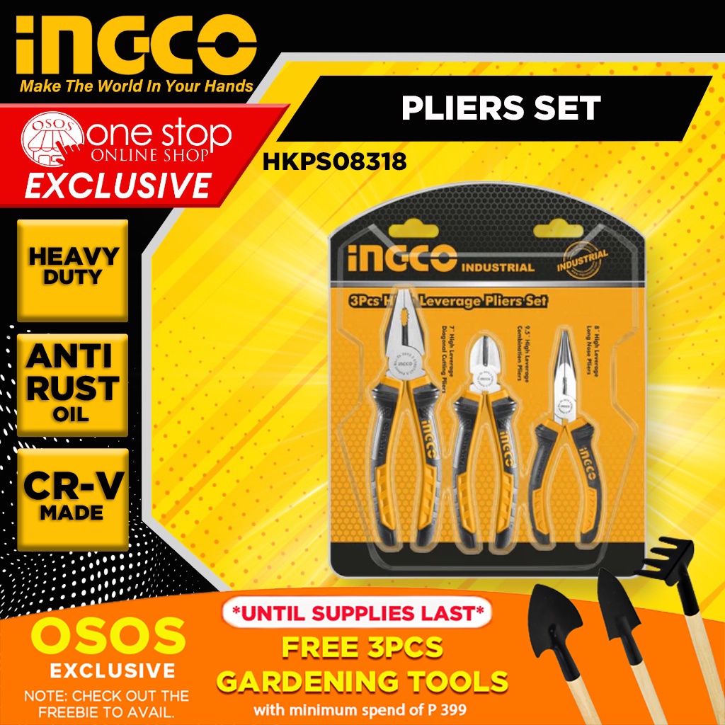 Ingco CRV Pliers Set Long Nose Combination Plier Cutting Plier 3pcs HKPS08318 FREE ELECTRICAL
