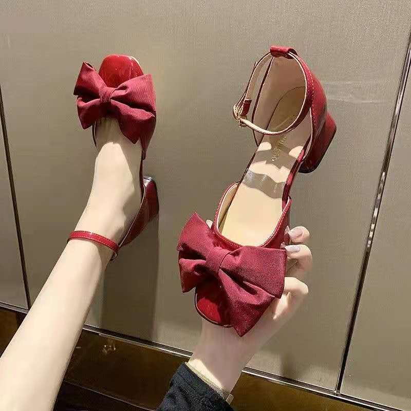 Red Low Heel Shoes Women 2023 Summer New Style AllMatch Square Toe