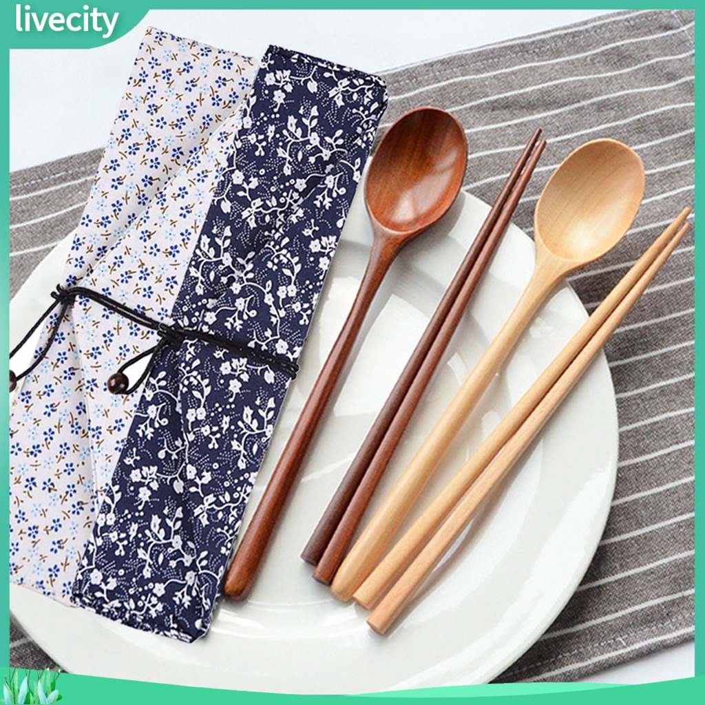 {livecity} Wood Reusable Portable Travel Tableware Spoon Chopsticks ...