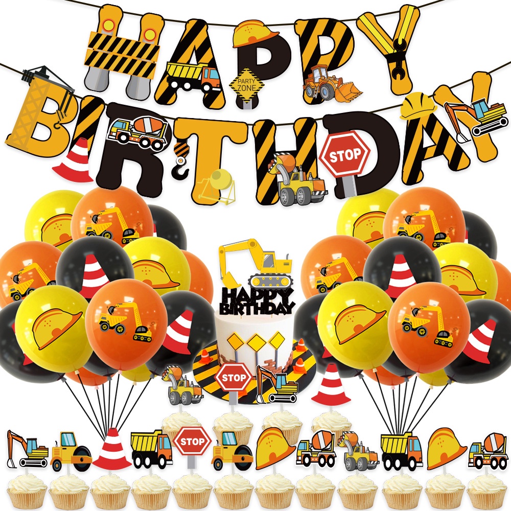 Engineering Vehicle Birthday Theme Flag Pulling Cake Insertion Balloons ...