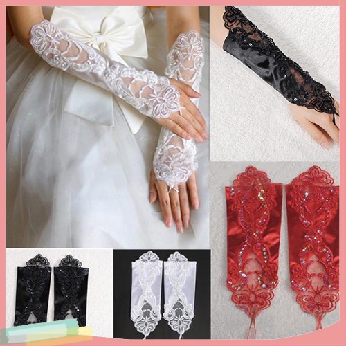 [LK] Women Faux Pearl Lace Gloves Bride Fingerless Wedding Party Bridal