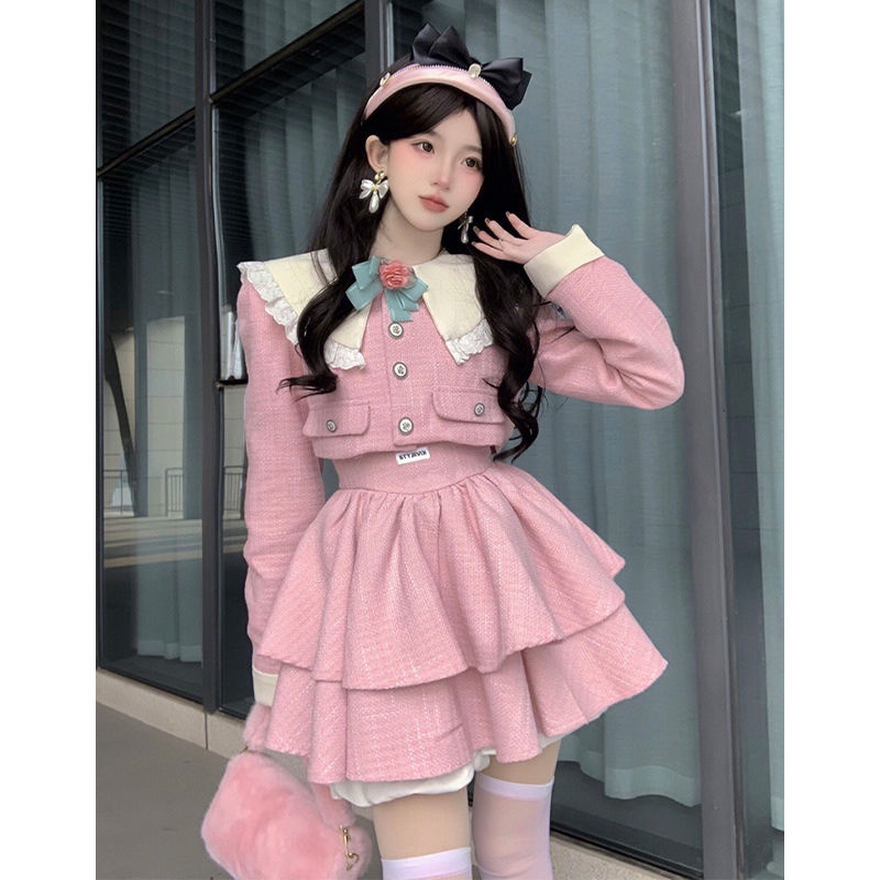 Sweet High-End Suit Skirt Contrast Color Stitching Bow Jacket Suspender ...
