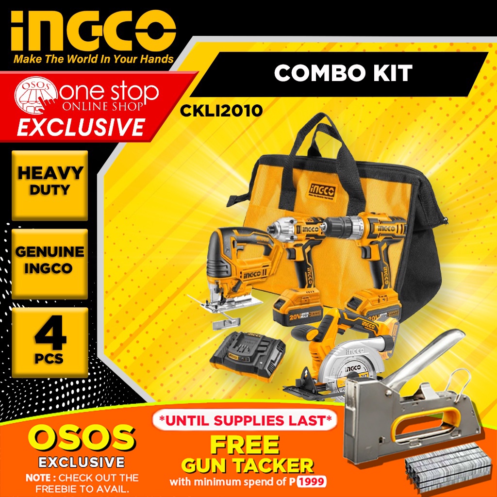 INGCO LithiumIon Cordless 4pcs Combo Kit Jigsaw Drill Impact Driver