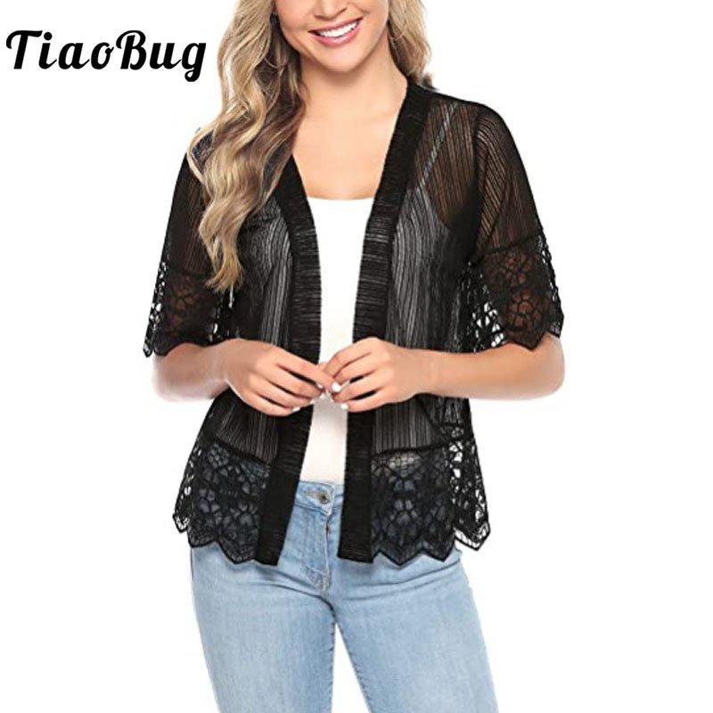 See Through Cardigans Women Lace Crochet Casual Short Shawl Cardigan ...