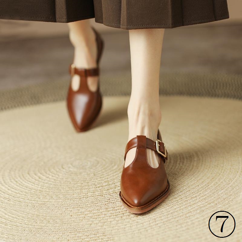 Pointed Toe Thick Heel MidHeel TBuckle Strap Shoes Women Spring Autumn French Retro Classy