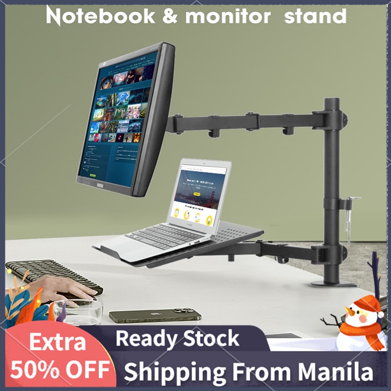 Monitor and Laptop Stand Tray Desk Mount, Adjustable Laptop Monitor Mount arm with Clamp&Base
