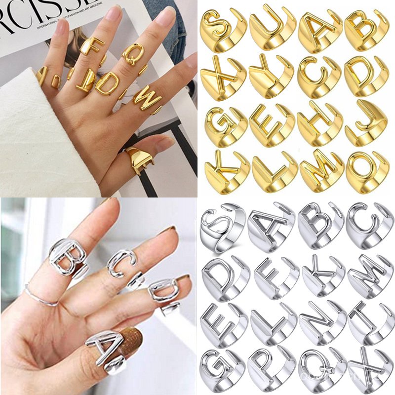 Chunky Wide Hollow A-Z Letter 3Colors Metal Adjustable Opening Ring ...