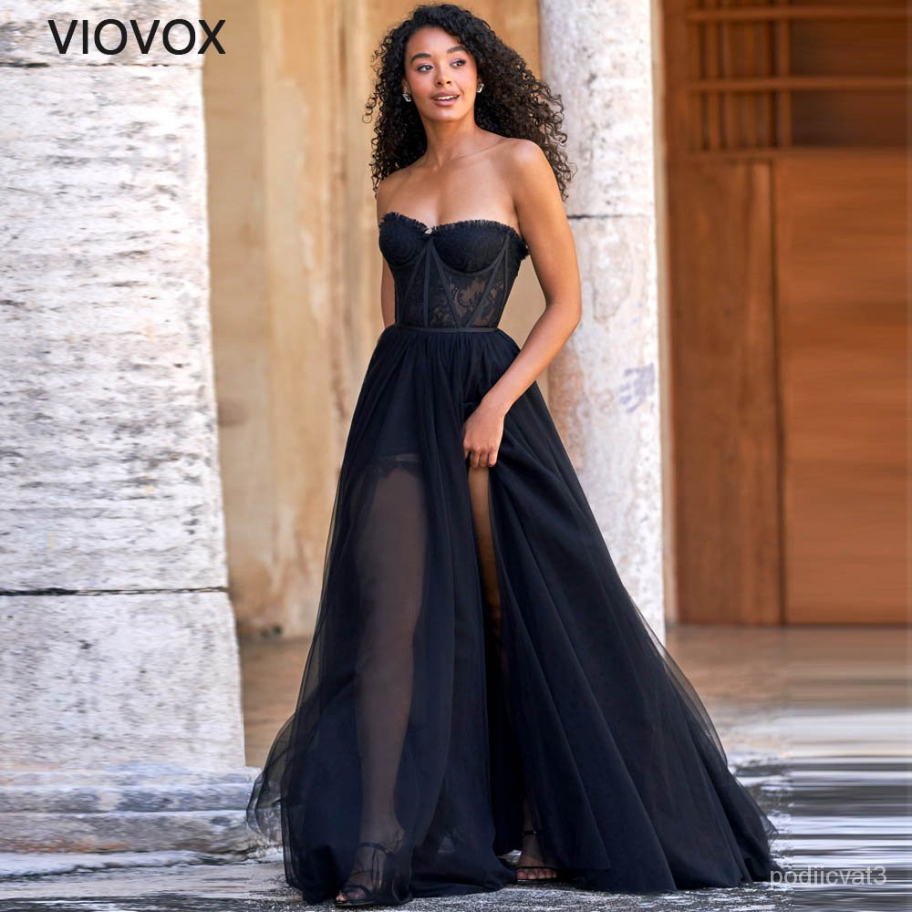 AIOVOX Princess Black Girls Strapless Evening Dresses Sexy Lace High Split  Side Vestidos De Gala A-L