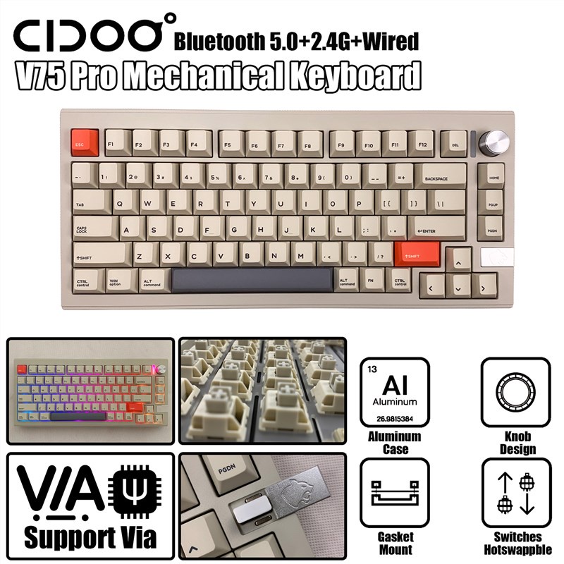 CIDOO V75 PRO Gasket Mechanical Keyboard RGB Hot Swappable Bluetooth/2 ...