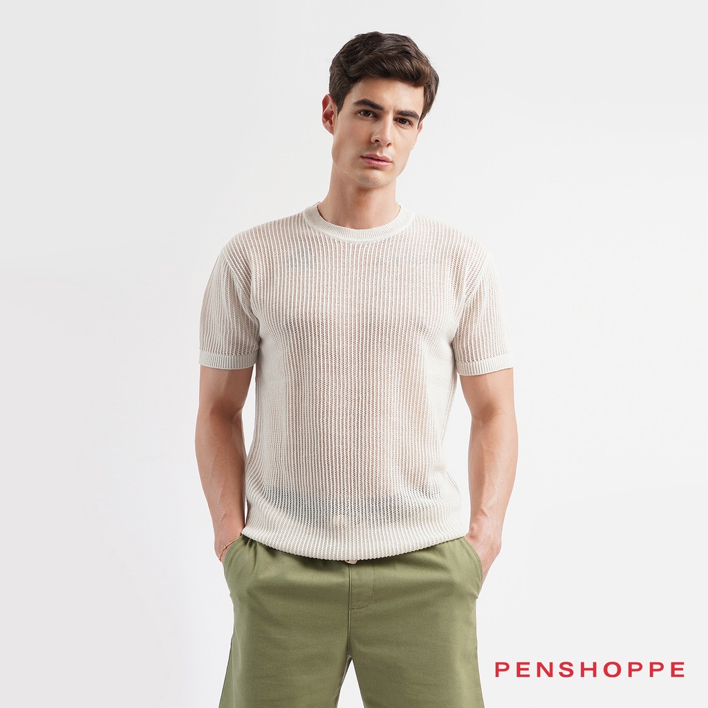 Penshoppe Relaxed Fit Crochet Tshirt For Men (Off White) | Shopee ...