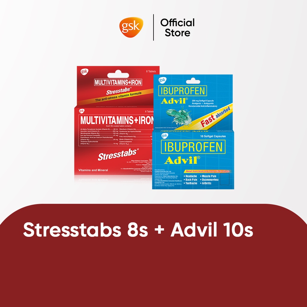 Stresstabs Multivitamins + Iron 8 Tablets + Advil Liquigel Ibuprofen 10