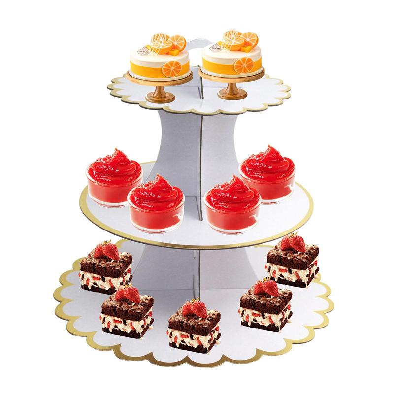 I7KU Cardboard Cake Stand White And Gold Cake Display Stand 3Tier Cupcake Tower Dessert Cupcake