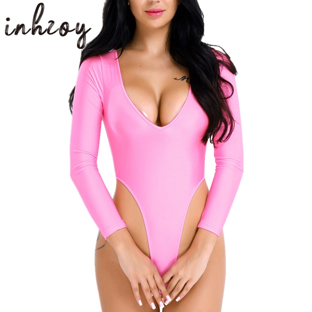 3yzq Women Sexy One Piece Long Sleeve V Neck Bodysuit High Cut Thong Leotard Jumpsuit Underwear 5769