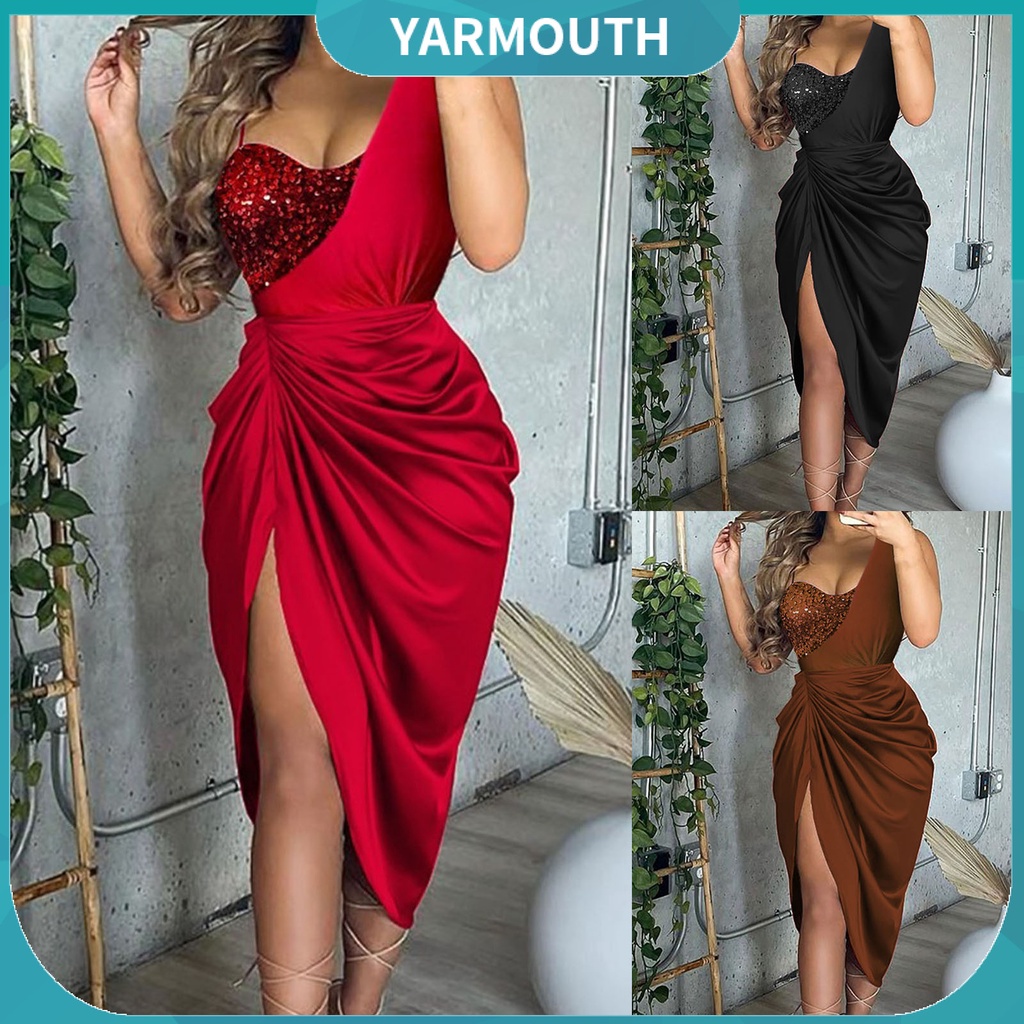 YYR--Formal Dress Sequined Split Ladies Irregular Off Shoulder Bodycon ...