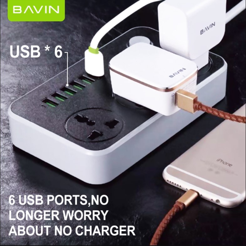 BAVIN by Winland Universal Extension Cord Charger w/ 3 Power Socket & 6