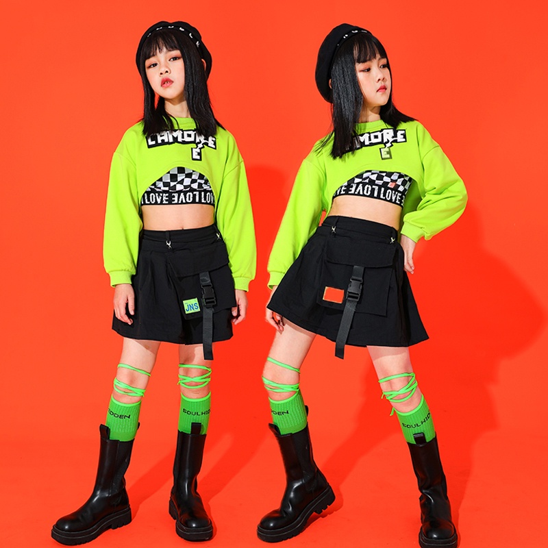 Hip Hop Dance Clothes For Kids Green Cheerleader Costume Rave K-pop ...