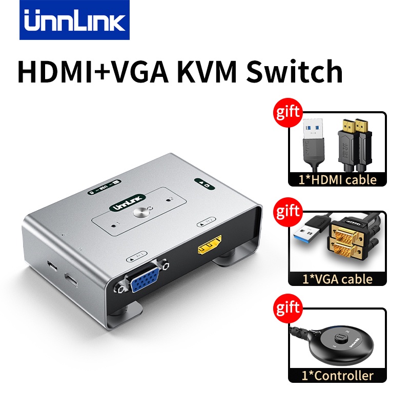 Unnlink HDMI+VGA to VGA KVM Switch 2x1 3x1 1080P 60Hz Video Switcher