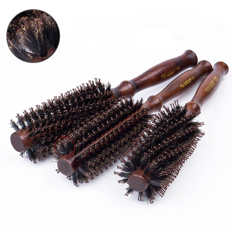 Antistatic heatresistant DIY Wild Boar Bristle curling hair brush salon wood round hair brush