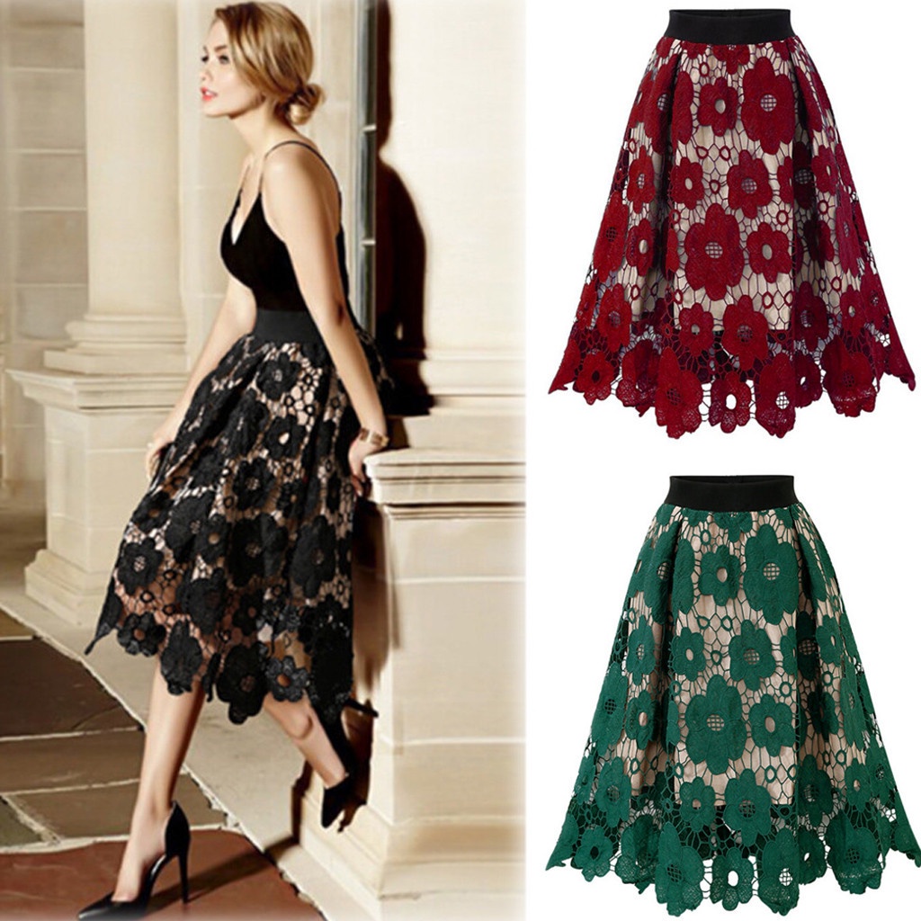 Summer Women's Lace Midi skirt Lined with Satin Office Formal skirt ...
