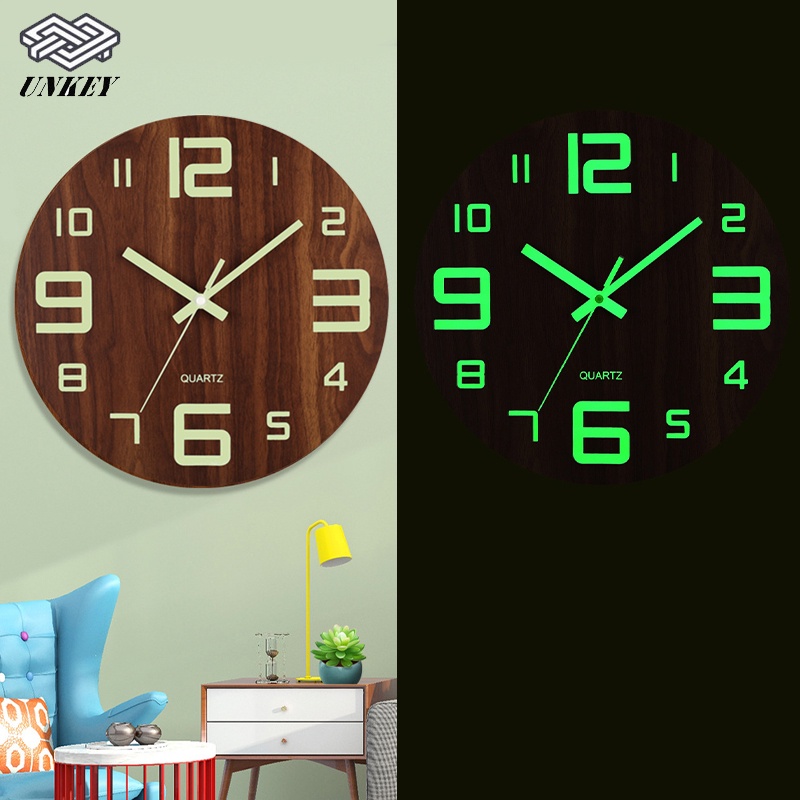 wooden wall clock glow in the dark fluorescence digital clock 12inches