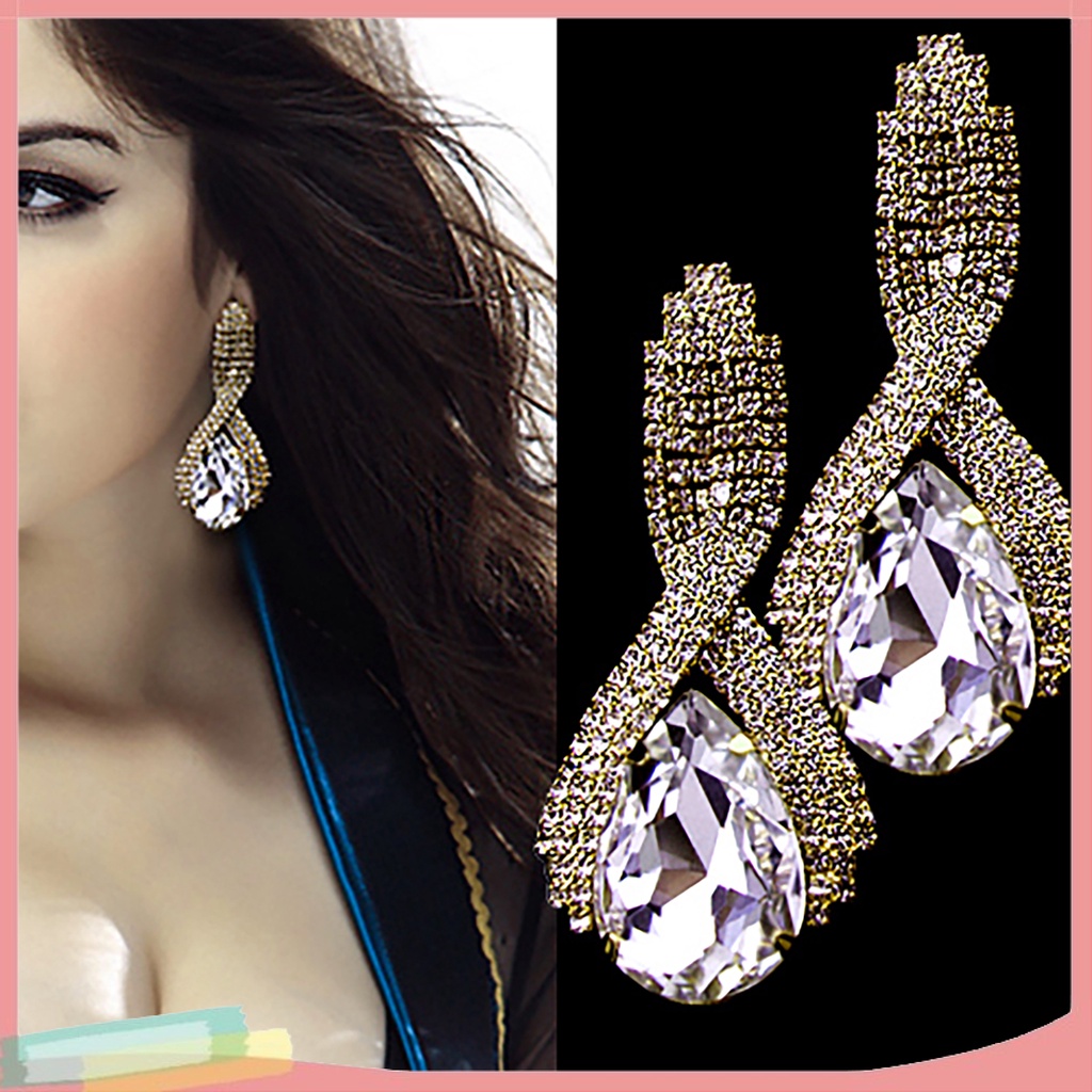 [LK] Women Sparkling Rhinestone Luxury Waterdrop Golden Tone Drop Studs