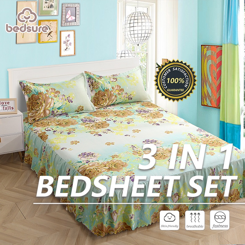 Bedsheet Set 3in1 Bedsure Bed skirt Colorful 3PC Soft Skin Queen King