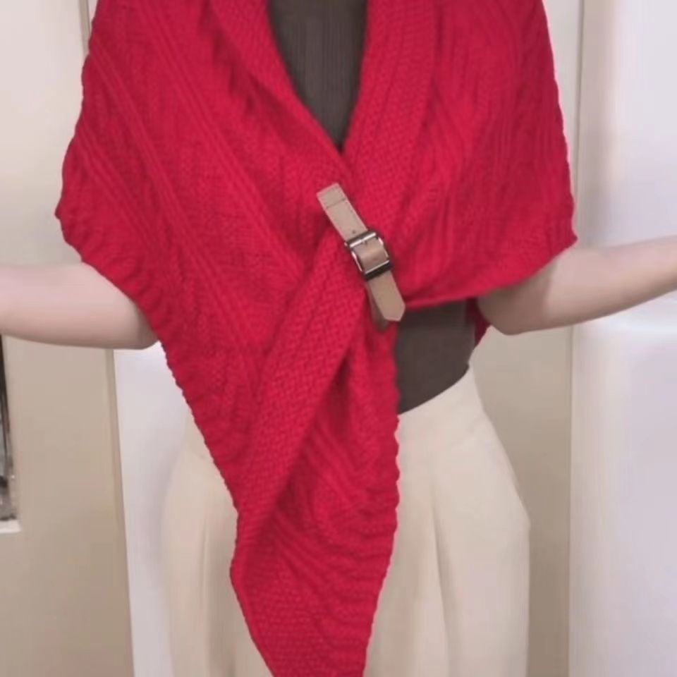 Gebreide Driehoekige Shawl Met Leren Gesp - Warme Winter Sjaal Dames, Multifunctioneel, Verschillende Kleuren
