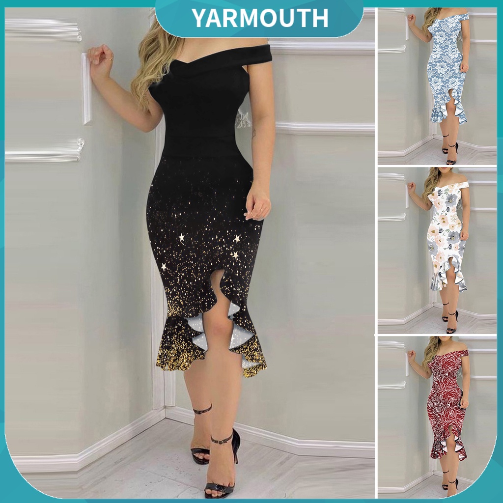 YYRSummer Formal Dress Strapless Ruffles Floral Printed Ladies Elegant