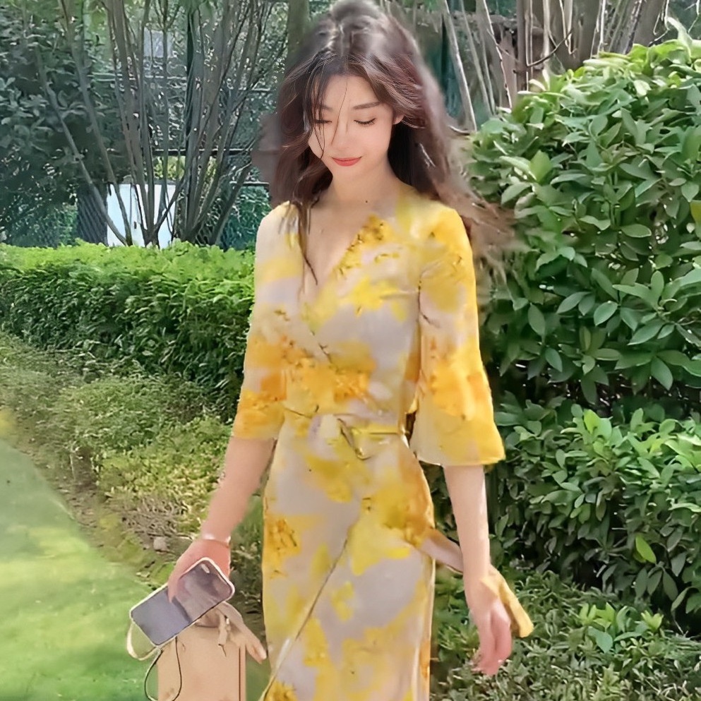 Xy Gold Trobe Yellow Flower Ran French Style Printed Body Wrap Slim-fit  Slimmer Look v-Neck Split Holiday Dress Women