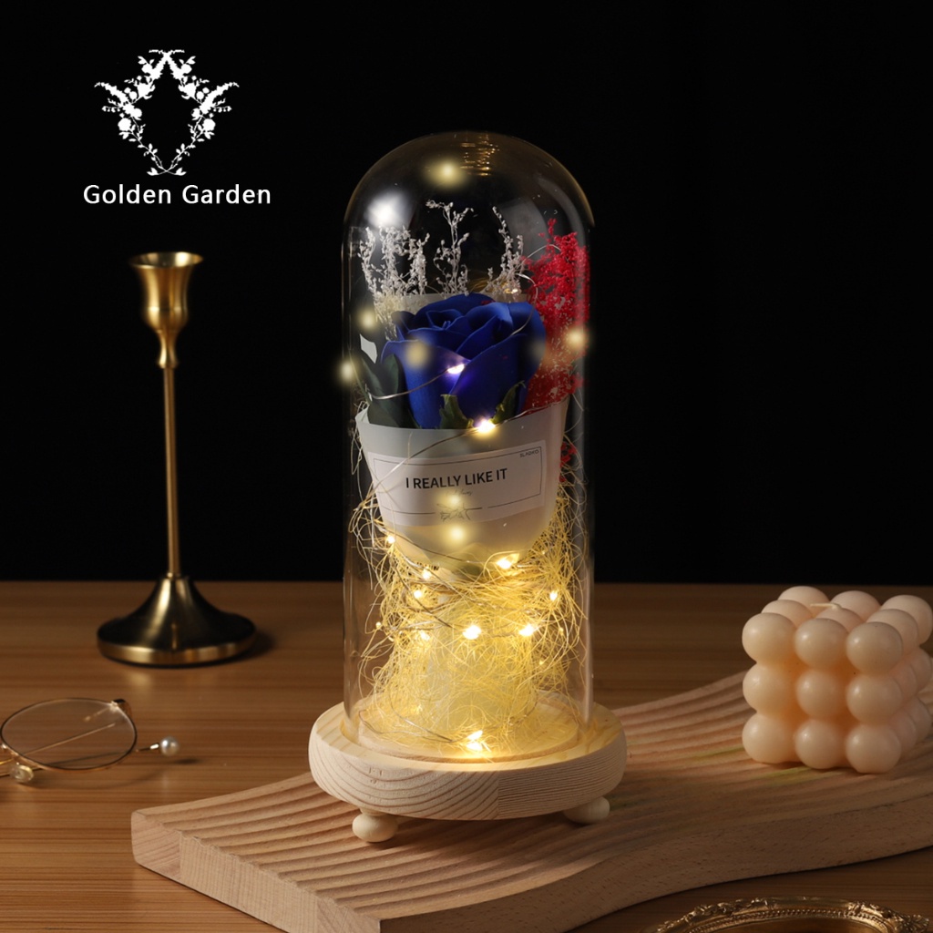 Beautifuleternal rose with led light in glass dried flowers bouquet