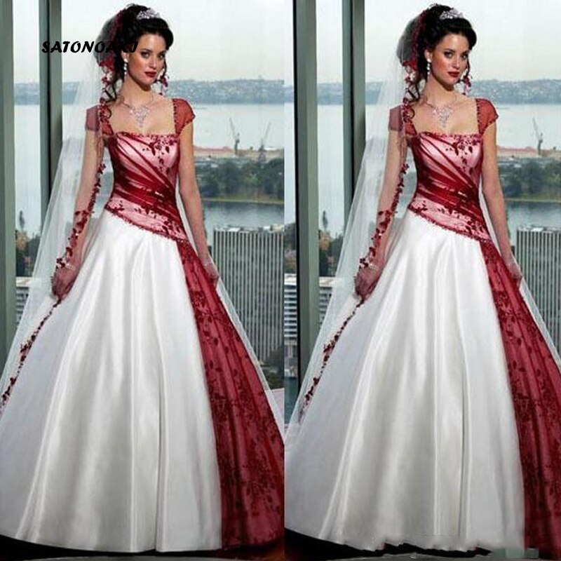 Tjdj 2023 Red And White Wedding Dresses Plus Size Ball Gowns Short Sleeve Tulle Sweep Train Sex 9601