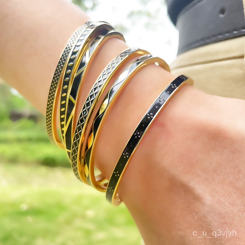 Zalman Geometric Line Design Enamel Balck Bangle Gold Color Women ...